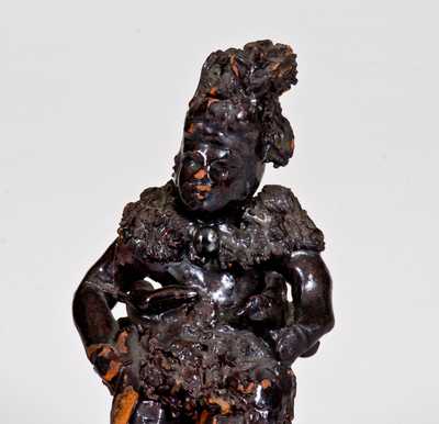 Unusual Hand-Modeled American Redware Indian Figure w/ Coleslaw Accents and Manganese Glaze