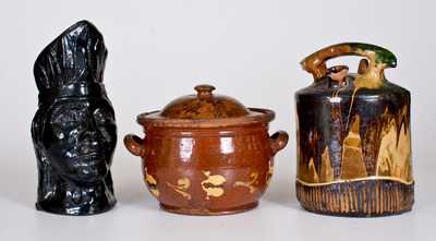 Lot of Three: Redware Vessels (Harvest Jug, Indian-Form Pitcher, Handled Bowl)