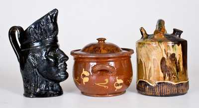 Lot of Three: Redware Vessels (Harvest Jug, Indian-Form Pitcher, Handled Bowl)