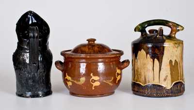 Lot of Three: Redware Vessels (Harvest Jug, Indian-Form Pitcher, Handled Bowl)