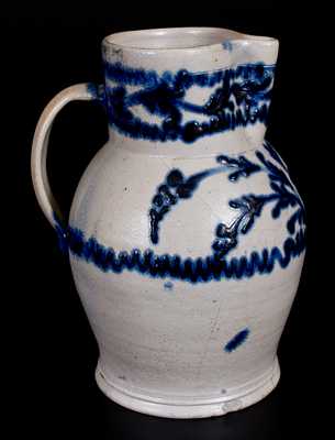 1 Gal. Baltimore Stoneware Pitcher w/ Exceptional Slip-Trailed Floral Decoration, c1820