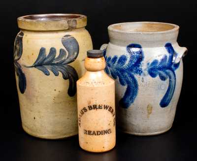 Lot of Three: Two Half-Gallon Decorated Stoneware Jars, English Screw-top Stoneware Bottle