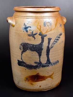 Important Morgantown, WV Stoneware Crock w/ Deer Scene and Fish Decoration