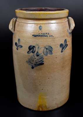 Extremely Rare Four-Gallon WM. HARE / WILMINGTON, DEL Stoneware Jar w/ Floral Design