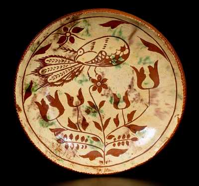 Sgraffito Redware Plate w/ Peacock Decoration, att. Medinger, Limerick Twp, Montgomery Co, PA