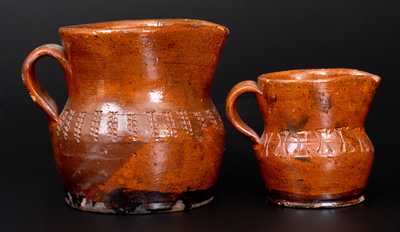 Two Glazed Redware Pitchers, attributed to Henry Schofield, Cecil County, MD, circa 1930