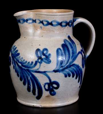 Fine Half-Gallon Baltimore Stoneware Pitcher w/ Elaborate Floral Decoration, c1840