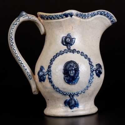 Unusual Small-Sized Stoneware Pitcher w/ Applied Woman's Bust and Coggled Hearts