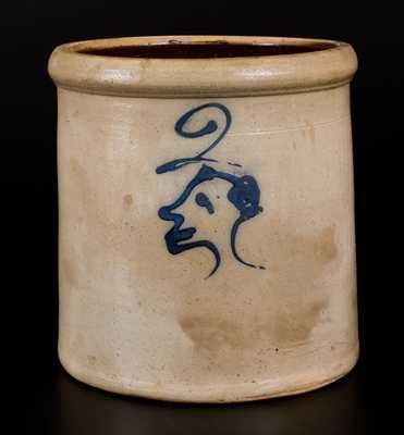 Unusual Midwestern Stoneware Crock w/ Cobalt Face Decoration