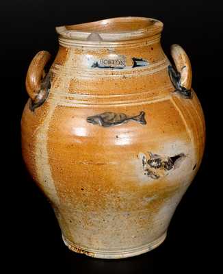 Scarce BOSTON Stoneware Jar with Impressed Fish Motif, late 18th century