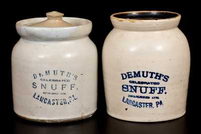 Lot of Two: Stoneware Snuff Jars Stenciled DEMUTH'S SNUFF / LANCASTER, PA