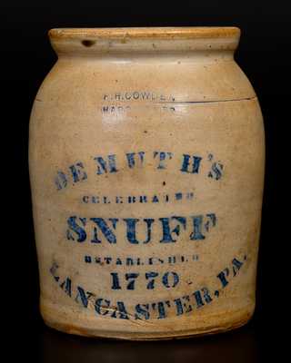 Fine F. H. COWDEN / HARRISBURG, PA DEMUTH'S SNUFF / LANCASTER Stoneware Jar