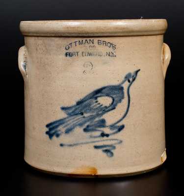 2 Gal. OTTMAN BRO'S & CO. / FORT EDWARD, NY Stoneware Crock w/ Bird Decoration