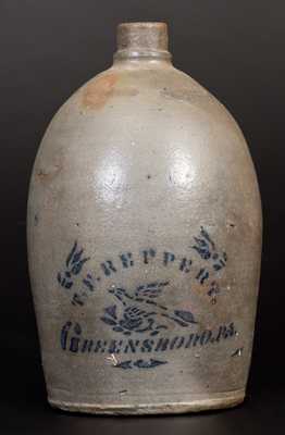 1 Gal. T. F. REPPERT / GREENSBORO, PA Stoneware Jug w/ Stenciled Bird Decoration