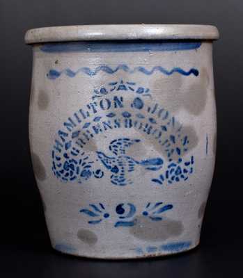 2 Gal. HAMILTON & JONES / GREENSBORO, PA Stoneware Jar w/ Stenciled Bird