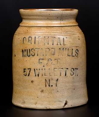 Unusual ORIENTAL MUSTARD MILLS / 57 WILLETT ST. / N.Y. Stoneware Advertising Jar 