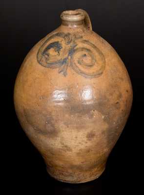 Early Ovoid Stoneware Jug w/ Watchspring Decoration, NJ or New England, late 18th Century