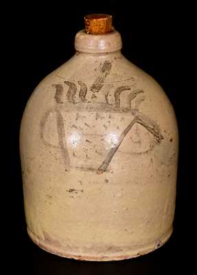 Exceptional Redware Jug w/ Slip Basket-of-Flowers Decoration, probably New York State