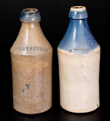 Lot of Two: Stoneware Bottles w/ Impressed Advertising and Cobalt Accents