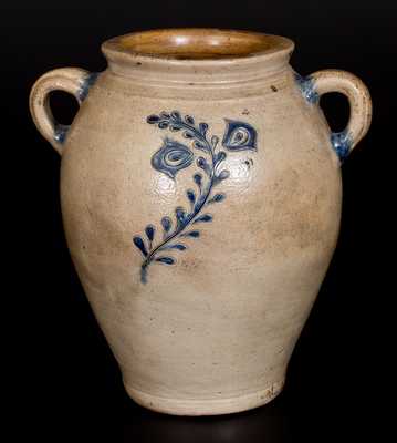 Open-Handled Stoneware Jar w/ Fine Incised Floral Decoration, Manhattan, circa 1790