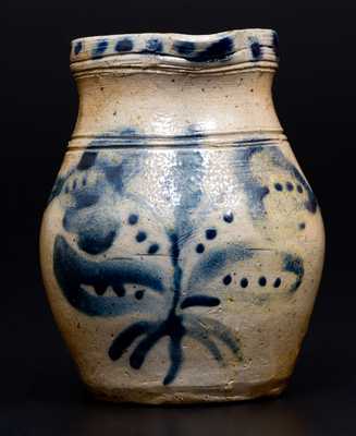 Rare Miniature Ohio Stoneware Pitcher w/ Elaborate Floral Decoration and Scored Handle