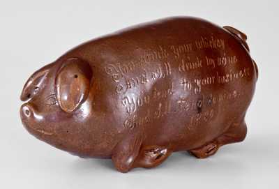 Very Rare Anna Pottery Stoneware Pig Flask w/ Inscribed Drinking Poem Dated 1880