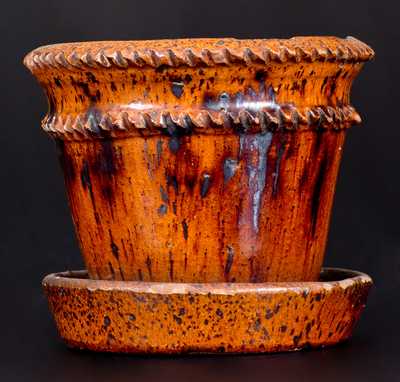 Rare Glazed Redware Flowerpot, Marked "LKT," Louis K. Tomlinson, Berks County, PA