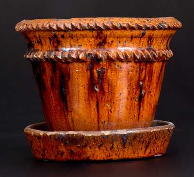 Rare Glazed Redware Flowerpot, Marked 