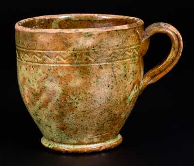 Rare S. BELL & SON / STRASBURG Large-Sized Redware Handled Cup with Copper Glaze