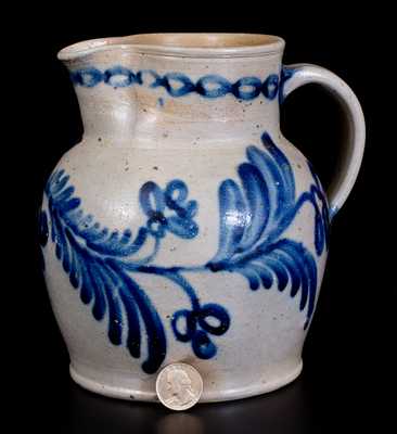 Fine Half-Gallon Baltimore Stoneware Pitcher w/ Elaborate Floral Decoration, c1840