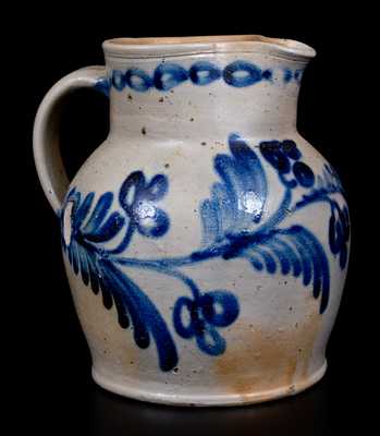 Fine Half-Gallon Baltimore Stoneware Pitcher w/ Elaborate Floral Decoration, c1840