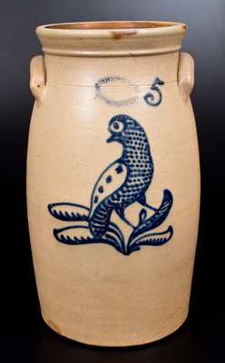 Fine J. BURGER JR. / ROCHESTER, NY Stoneware Churn w/ Slip-Trailed Bird Decoration