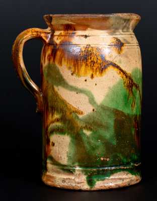 Shenandoah Valley Multi-Glazed Redware Tankard Pitcher, att. S. Bell & Son, Strasburg, VA