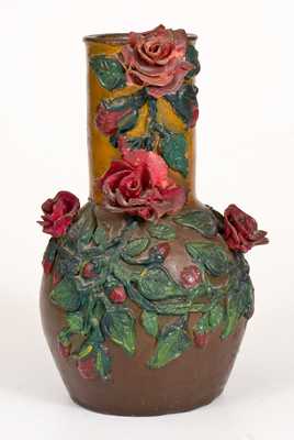 Cold-Painted Redware Vase with Applied Rose Decoration, American, 19th century