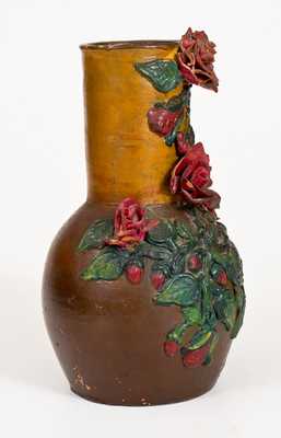 Cold-Painted Redware Vase with Applied Rose Decoration, American, 19th century