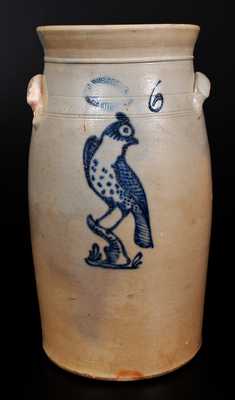 6 Gal. J. BURGER JR. / ROCHESTER, NY Stoneware Churn w/ Bird Decoration