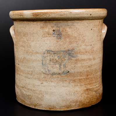 4 Gal. Gardiner, ME Stoneware Crock with Impressed Cow Decoration