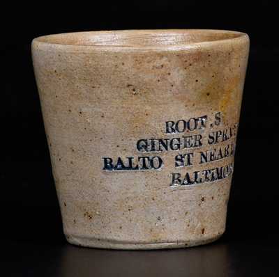 Extremely Rare ROOT S GINGER SPRAY Baltimore Stoneware Advertising Cup