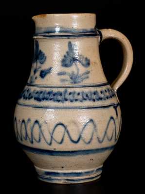 Rare and Fine New York Stoneware Pitcher with Profuse Slip-Trailed and Brushed Decoration