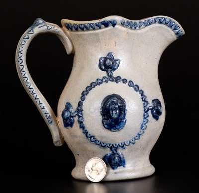 Unusual Small-Sized Stoneware Pitcher w/ Applied Woman s Bust and Coggled Hearts