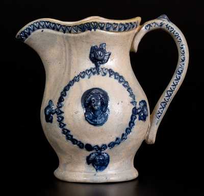 Unusual Small-Sized Stoneware Pitcher w/ Applied Woman s Bust and Coggled Hearts