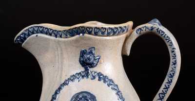 Unusual Small-Sized Stoneware Pitcher w/ Applied Woman s Bust and Coggled Hearts