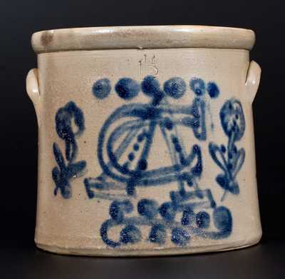 Very Unusual Stoneware Crock w/ Cobalt Bent-Nails Insignia 