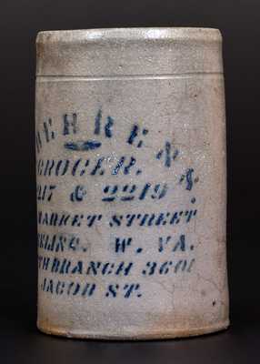 Stoneware Canning Jar with Wheeling, WV Advertising, Greensboro, PA origin, circa 1875.