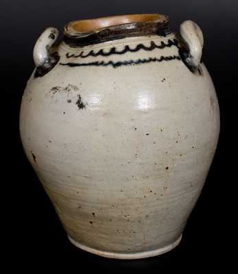Four-Gallon Open-Handled Manhattan Stoneware Jar with Cobalt Line Decoration, c1800
