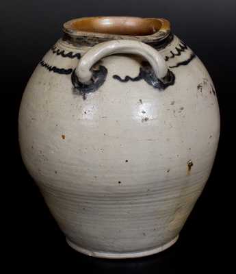 Four-Gallon Open-Handled Manhattan Stoneware Jar with Cobalt Line Decoration, c1800