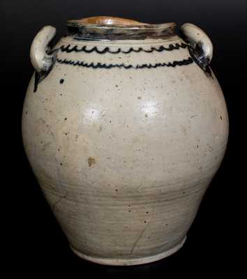 Four-Gallon Open-Handled Manhattan Stoneware Jar with Cobalt Line Decoration, c1800