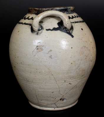 Four-Gallon Open-Handled Manhattan Stoneware Jar with Cobalt Line Decoration, c1800