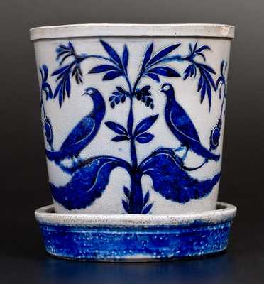Extremely Important Stoneware Flowerpot w/ Elaborate Incised Birds, att. Morgan, Baltimore, 1820's
