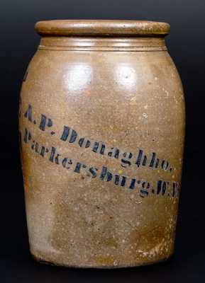 Rare A. P. Donaghho / Parkersburg, W. Va. / 1876 Stoneware Canning Jar